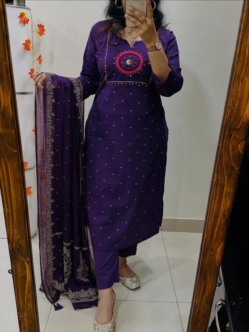 Purpal Discharge Print Kurti With Pant And Dupatta Set