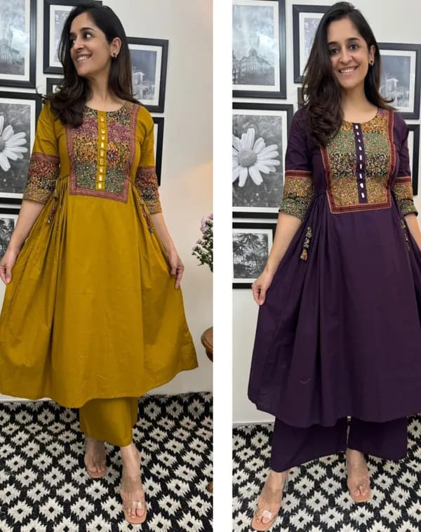 Purpal Solid A-Line Kurti With Pant Set