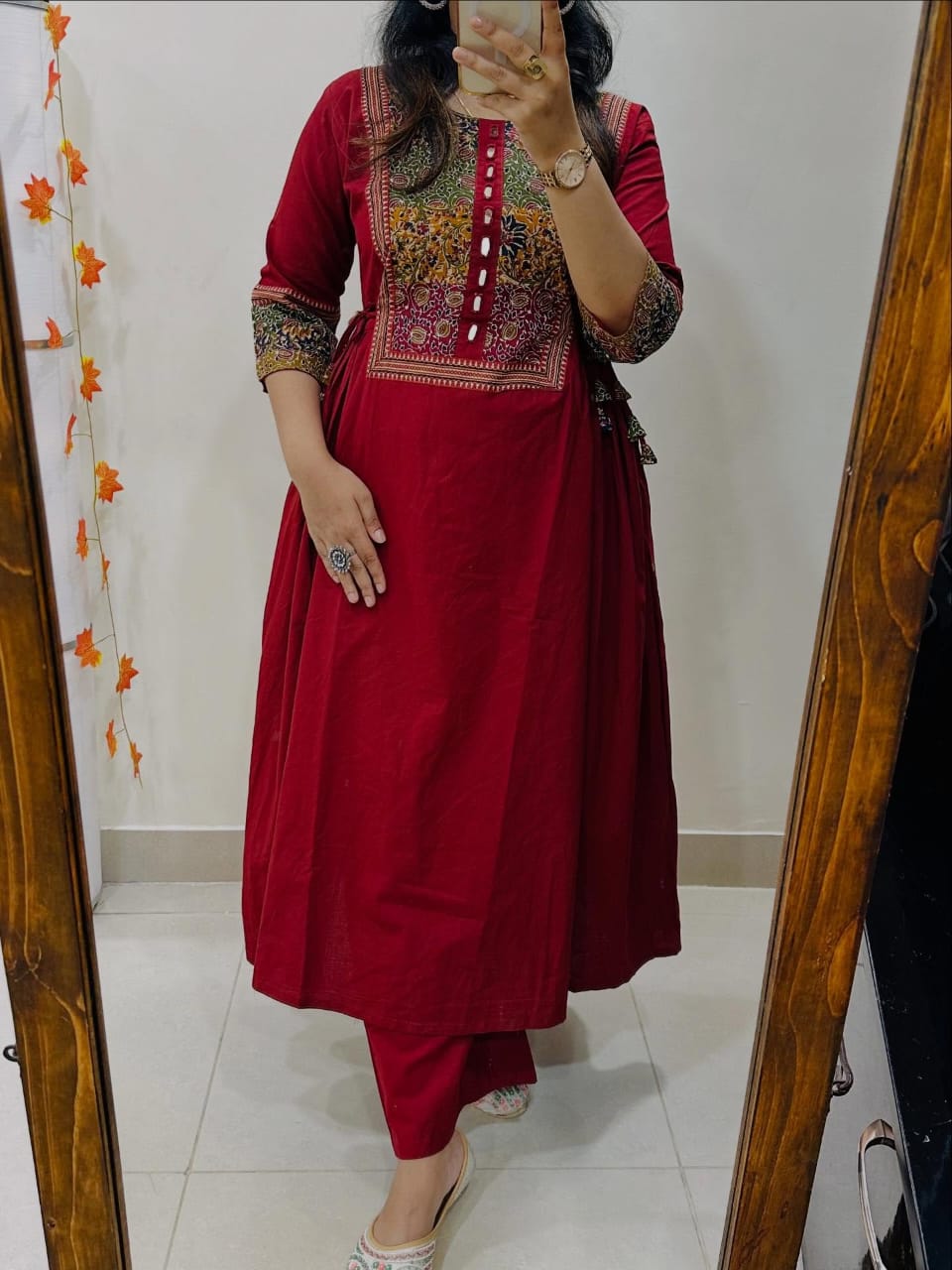 Red Solid A-Line Kurta With Pant Set
