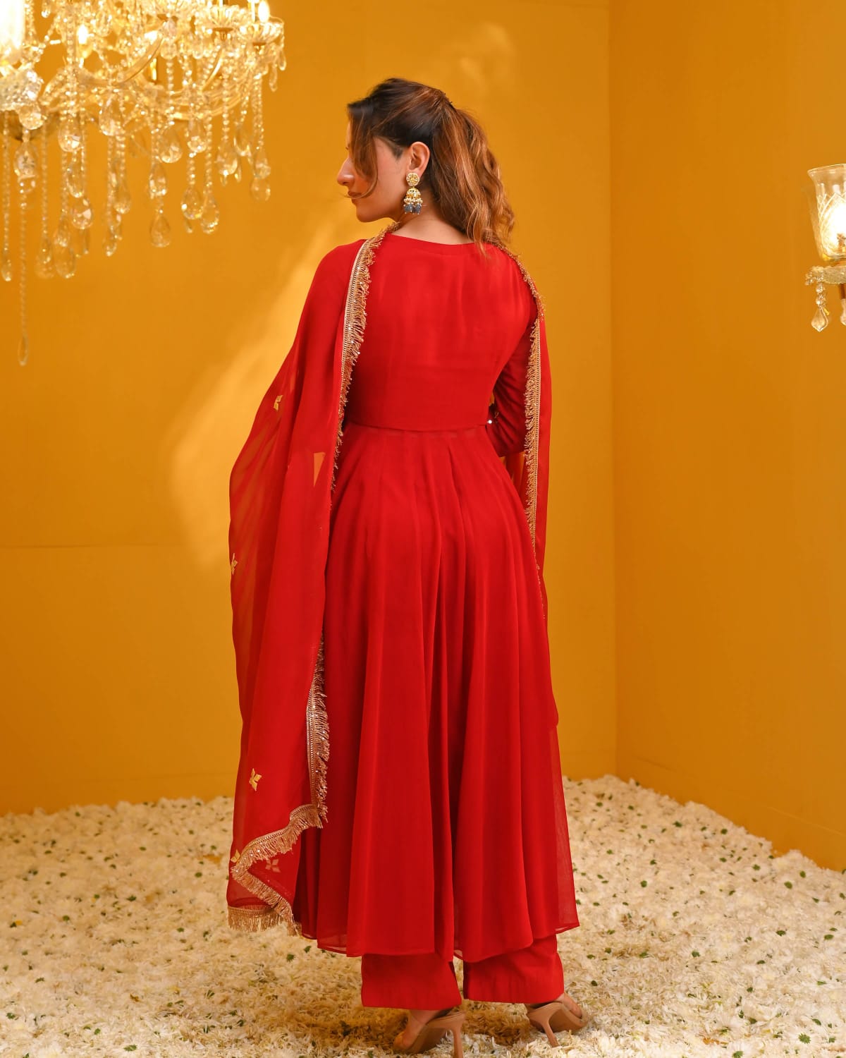 Women Beautiful Red Rayon Anarkali Kurta Pant and Dupatta set