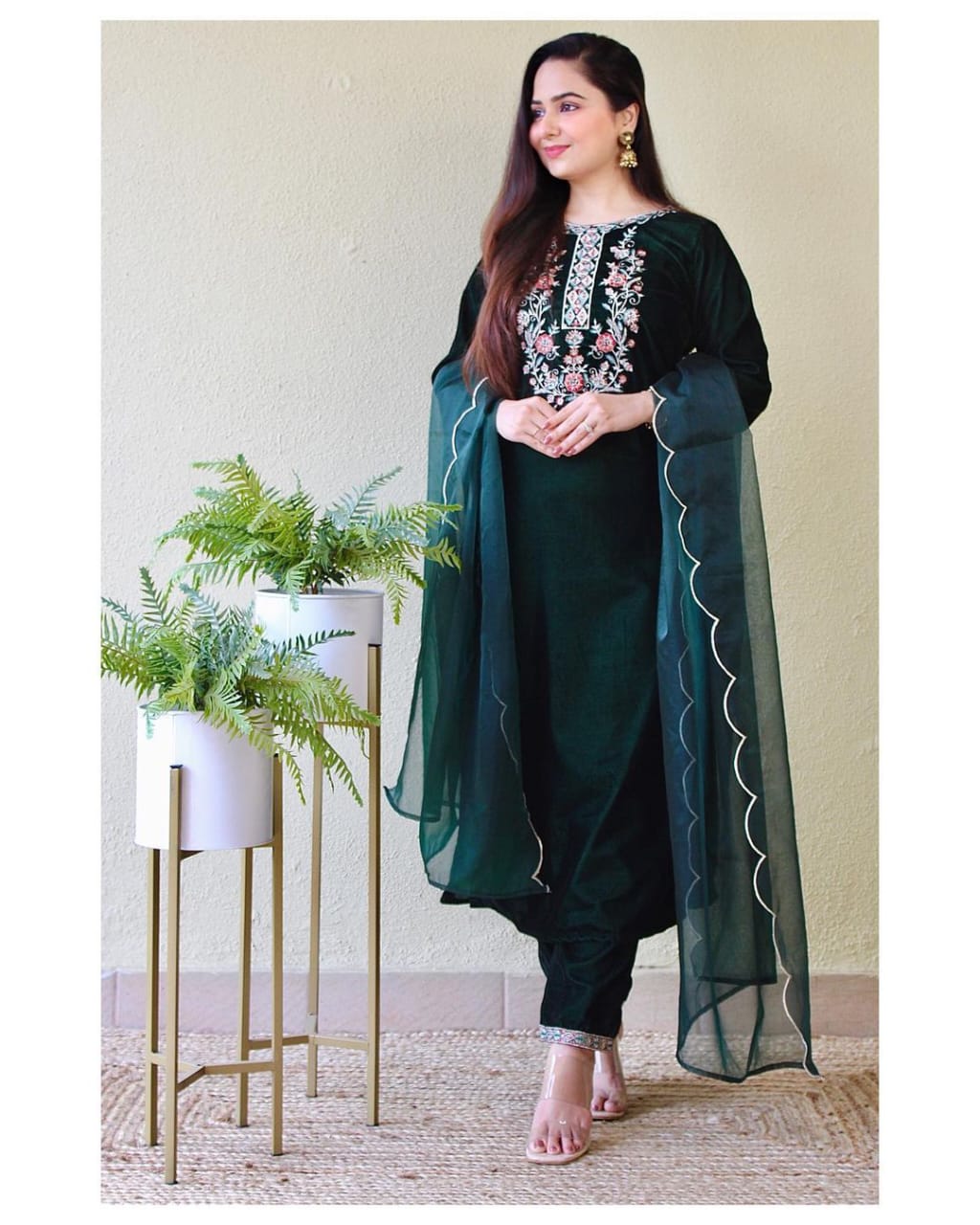 Green Velvet Suit set with embroidery for winter wear - Beautiful flower embroidery -suit, salwar and dupatta