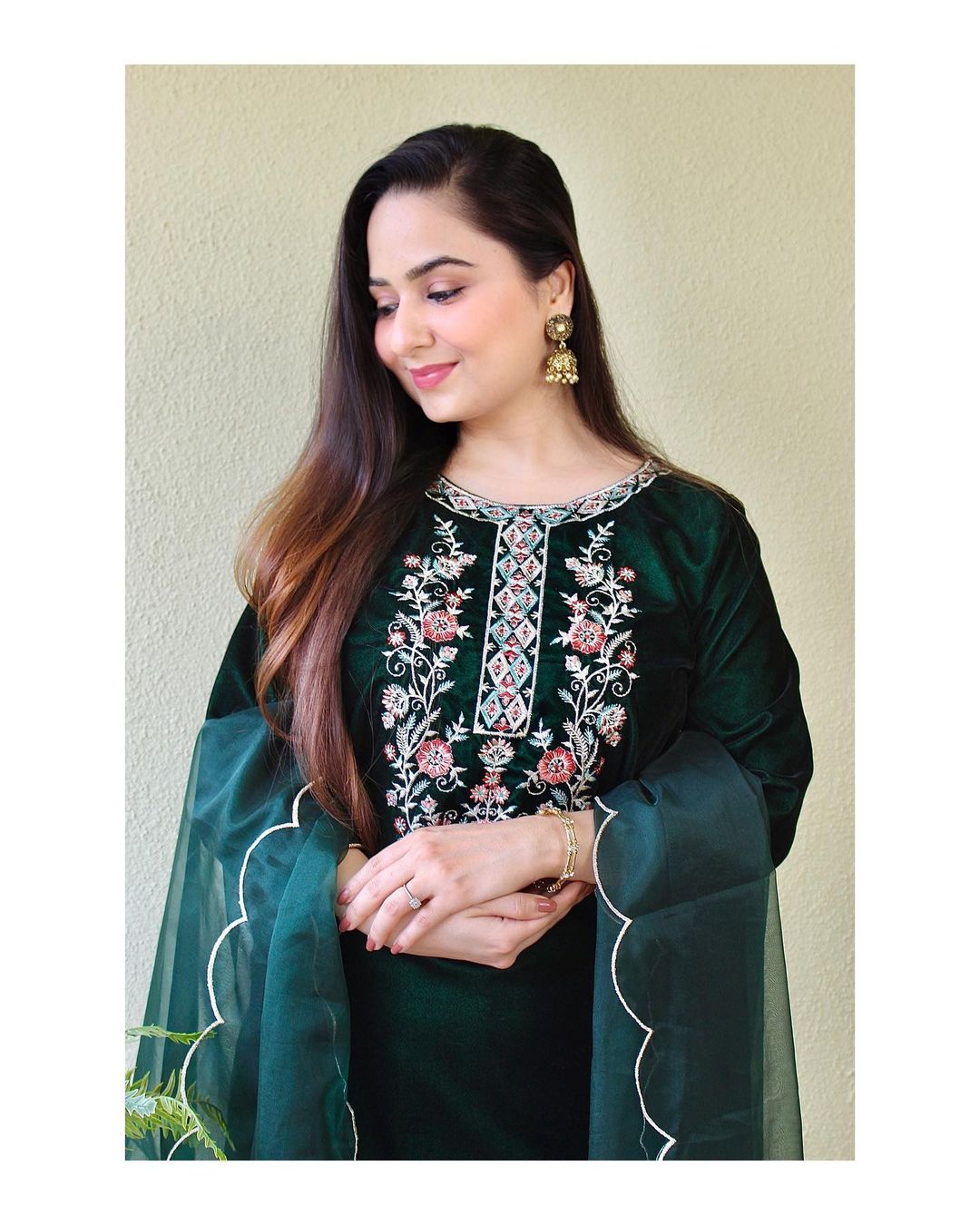 Green Velvet Suit set with embroidery for winter wear - Beautiful flower embroidery -suit, salwar and dupatta