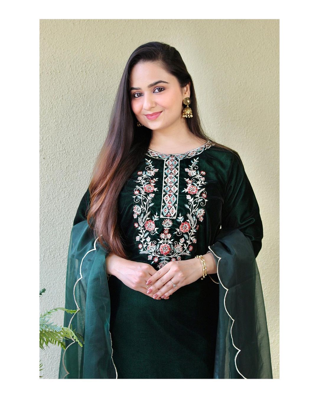 Green Velvet Suit set with embroidery for winter wear - Beautiful flower embroidery -suit, salwar and dupatta