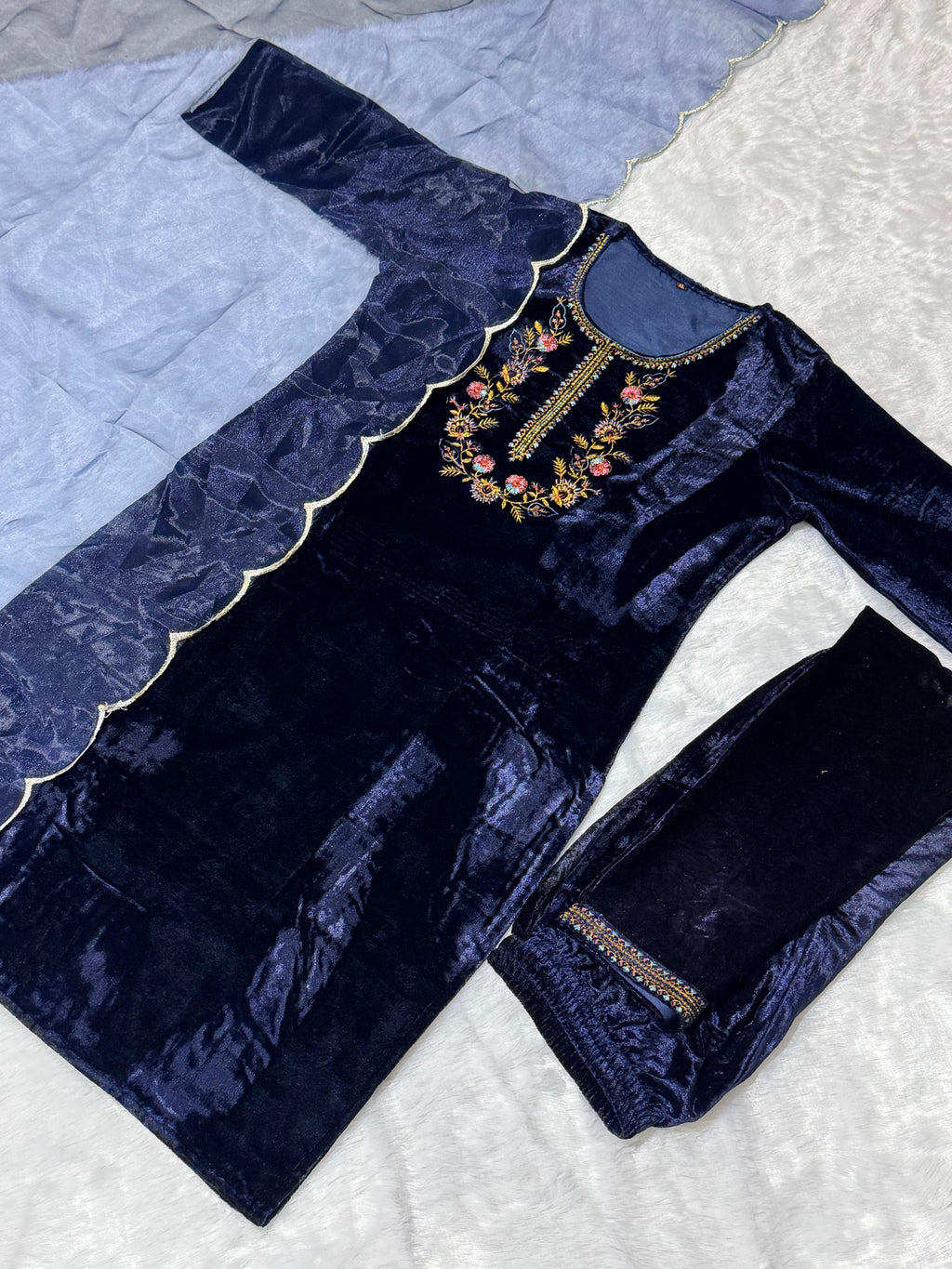 Dark Blue Velvet Suit set with embroidery for winter wear - Beautiful flower embroidery -suit, salwar and dupatta