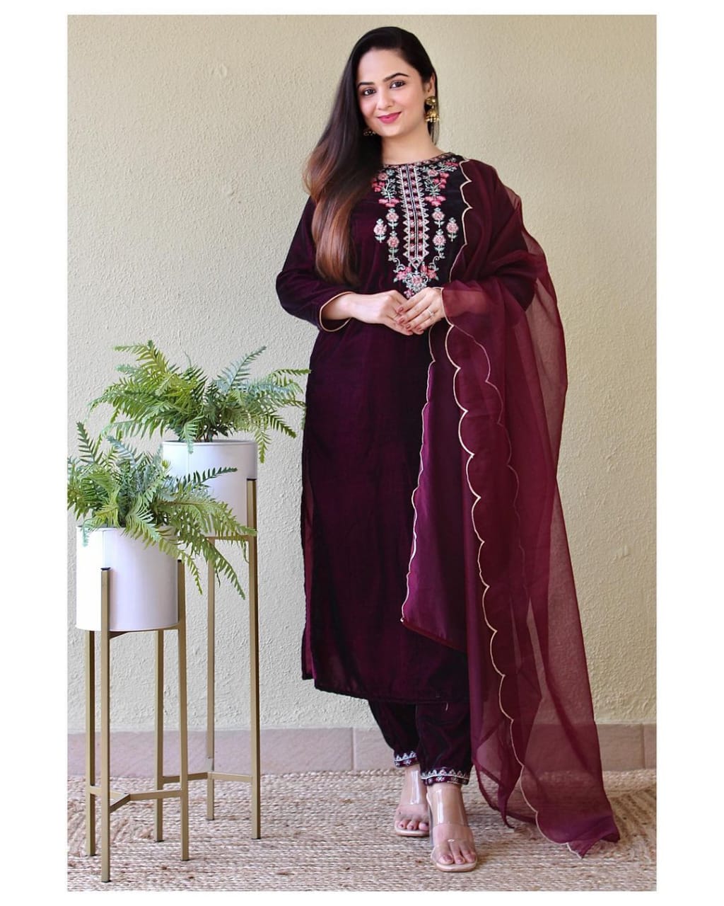Maroon Velvet Suit set with embroidery for winter wear - Beautiful flower embroidery -suit, salwar and dupatta