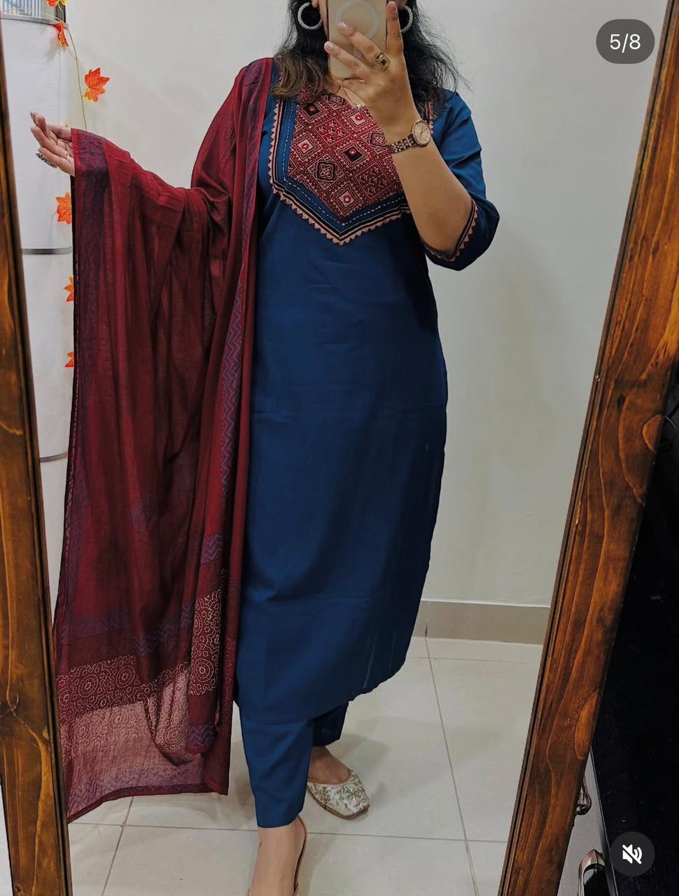 Beautiful Solid Kurti With Same Maching Pant And Printed Dupatta Set