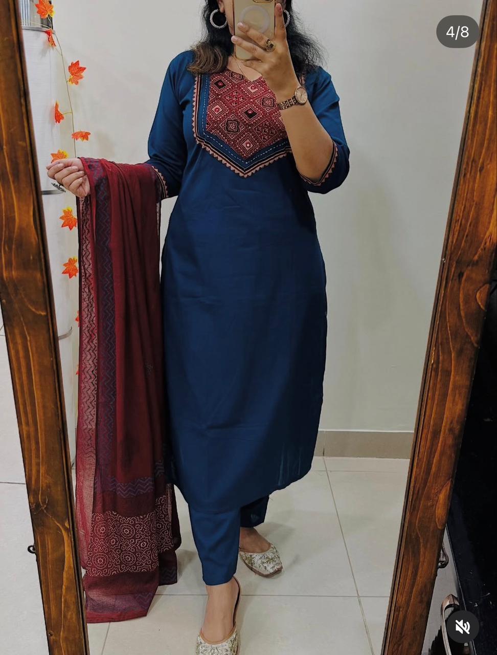 Beautiful Solid Kurti With Same Maching Pant And Printed Dupatta Set