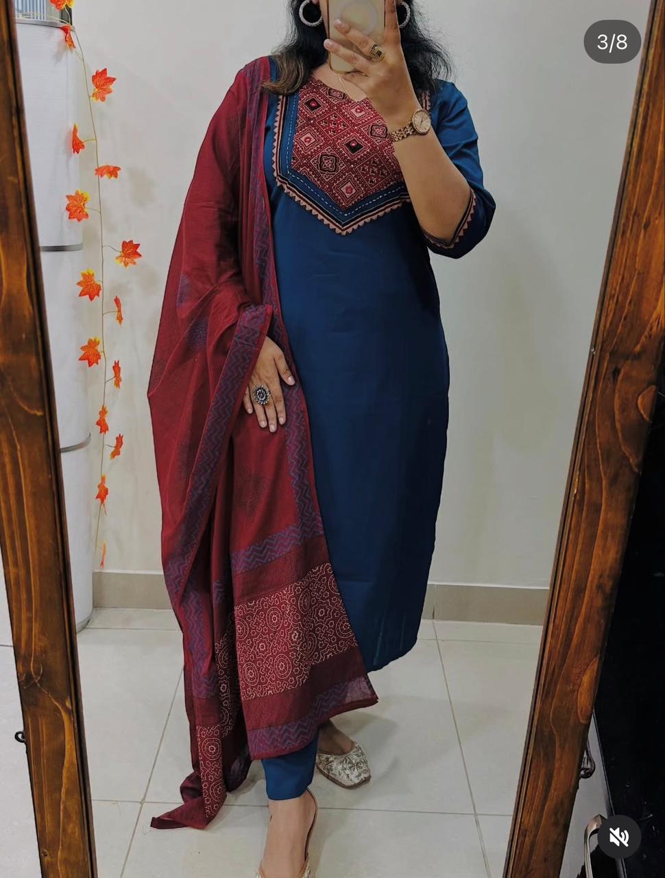 Beautiful Solid Kurti With Same Maching Pant And Printed Dupatta Set