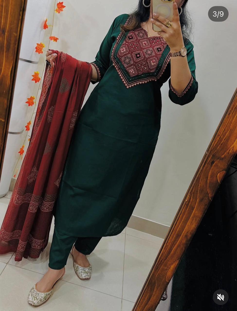 Beautiful Solid Kurti With Same Maching Pant And Printed Dupatta Set