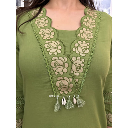 Olive Green Premium Cotton Full Embroiderd Suit Set