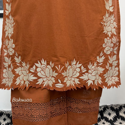 Rusty Orange Premium Cotton Full Embroiderd Suit Set