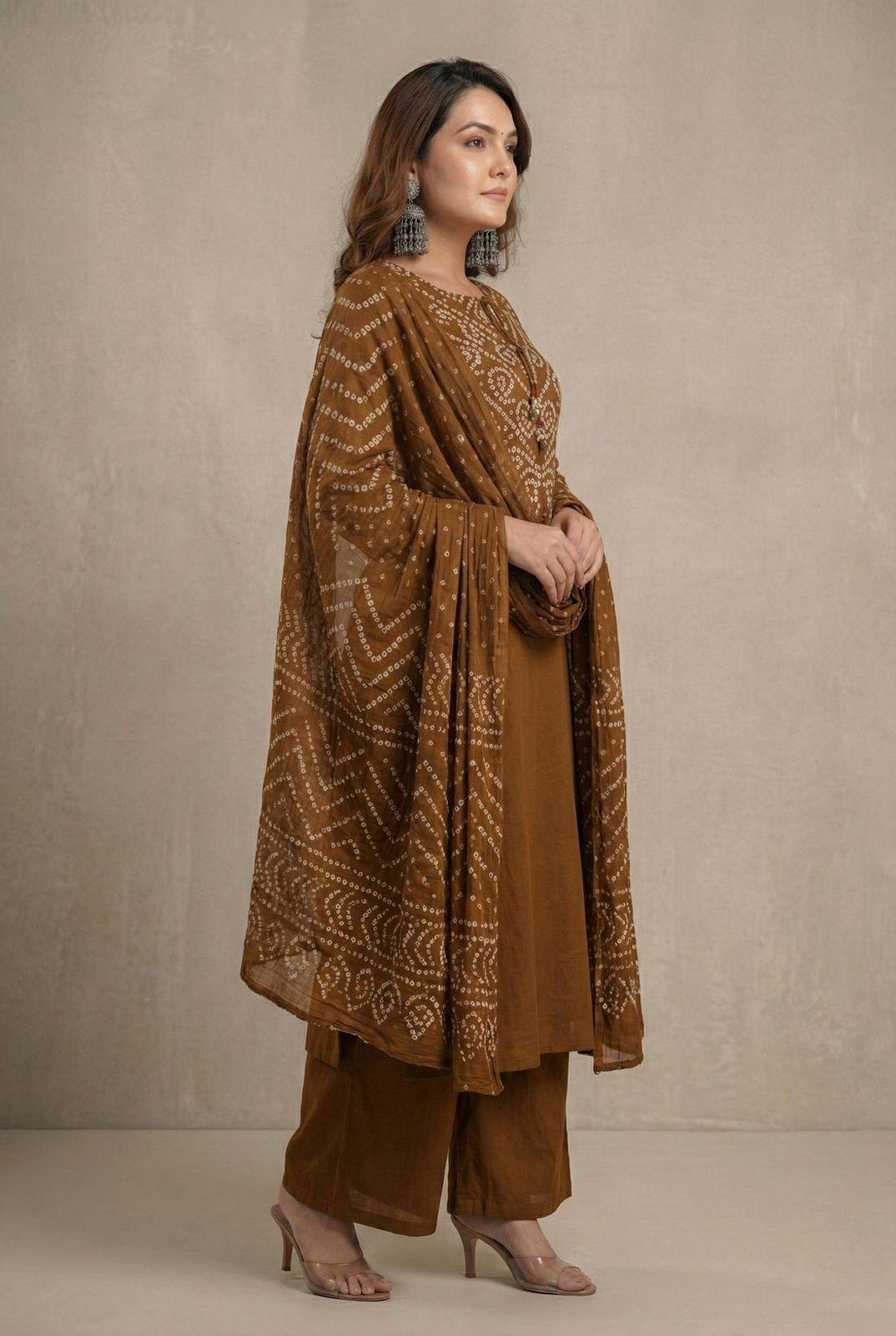 Brown Bandhani Print A-Line Kurta Set with Tassels