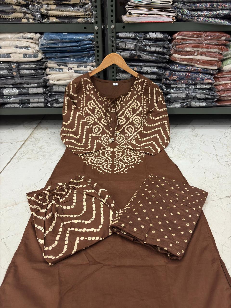 Brown Bandhani Print A-Line Kurta Set with Tassels
