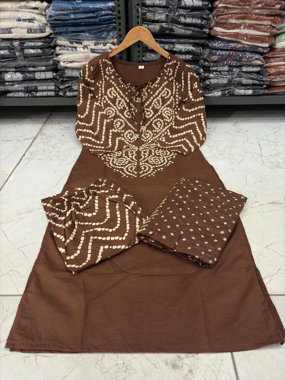 Brown Bandhani Print A-Line Kurta Set with Tassels