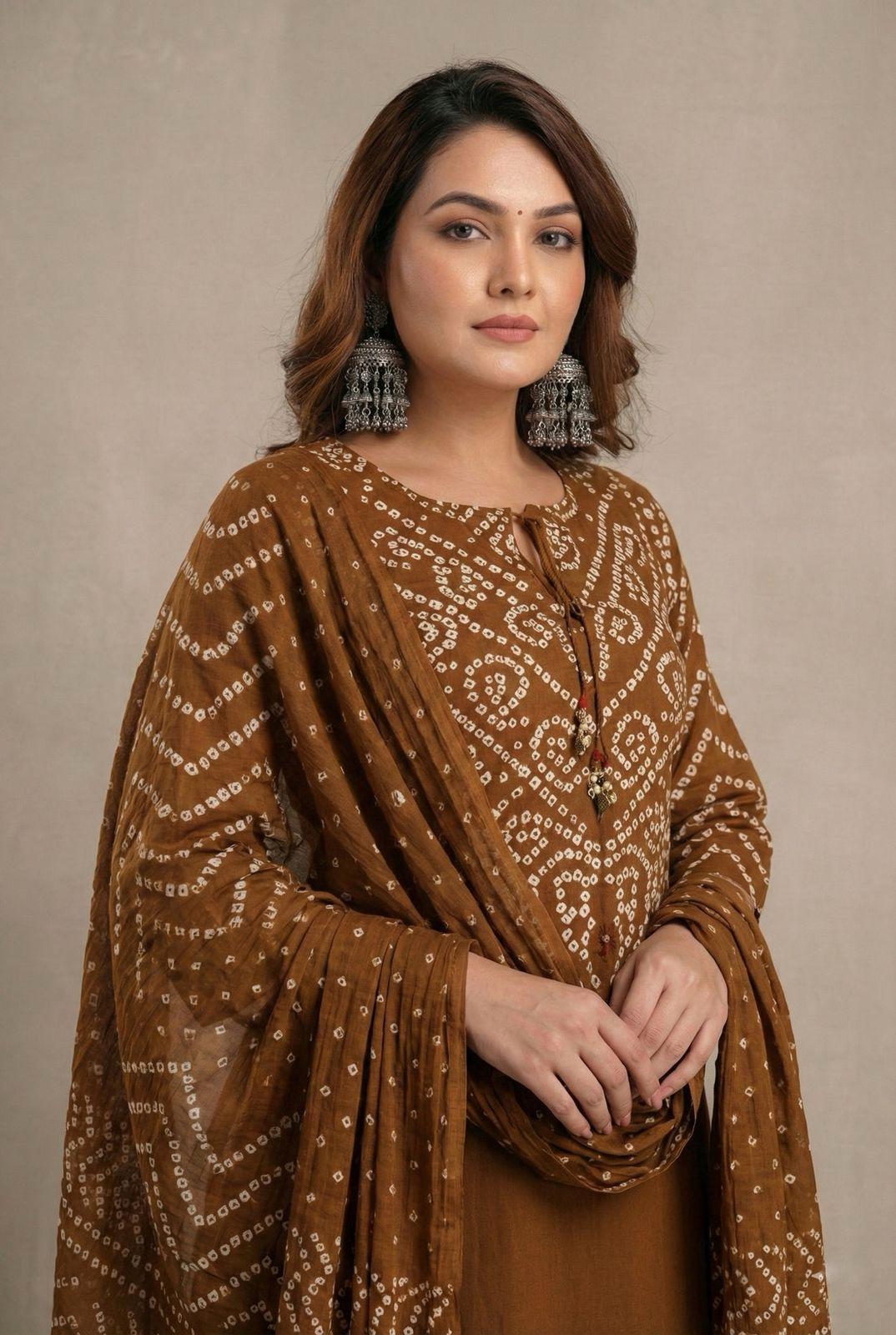 Brown Bandhani Print A-Line Kurta Set with Tassels
