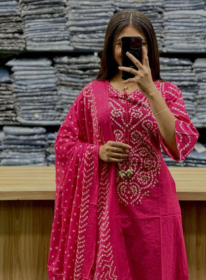 Pink Bandhani A-Line Kurta Set with Tassels