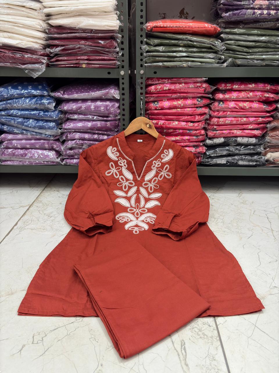 Rust Green Floral Embroidered Co-ord Set – 100% Premium Cotton