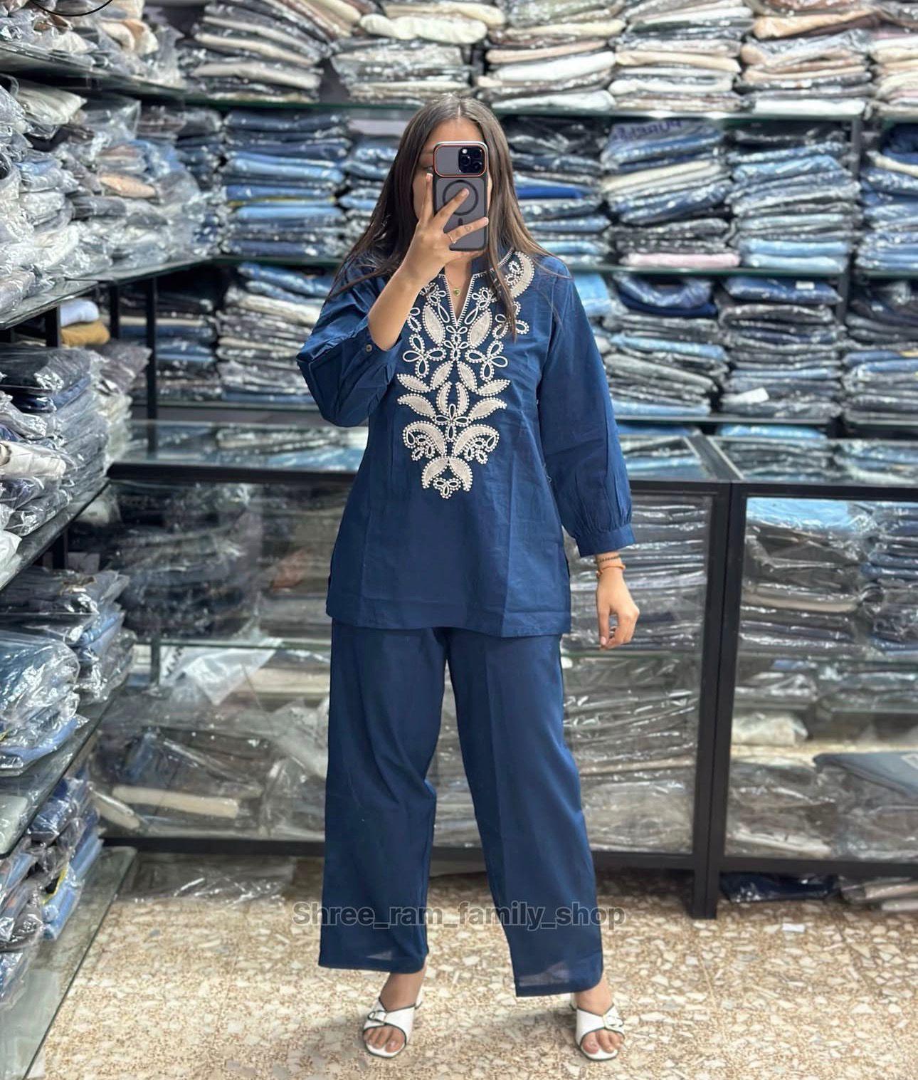 Blue Floral Embroidered Co-ord Set – 100% Premium Cotton