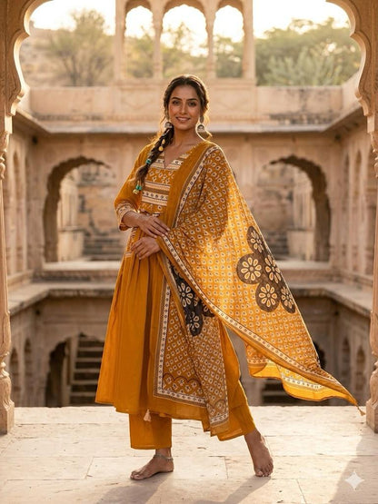 Women's Mustard Yellow Block Print A-Line Suit Set