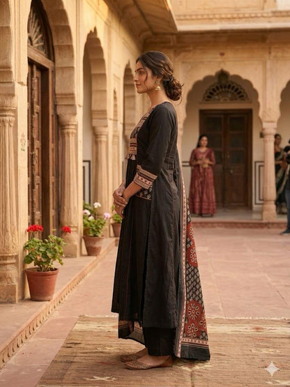 Women's Black Block Print A-Line Suit Set