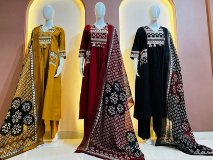 Women's Brick Red Block Print A-Line Suit Set