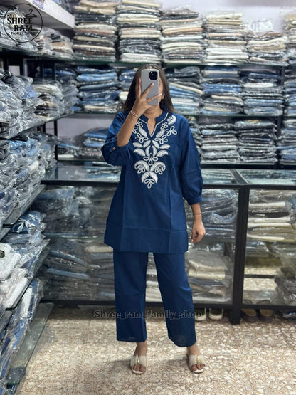 Women's Straight Cotton Blue Co-ord Set with Embroidery