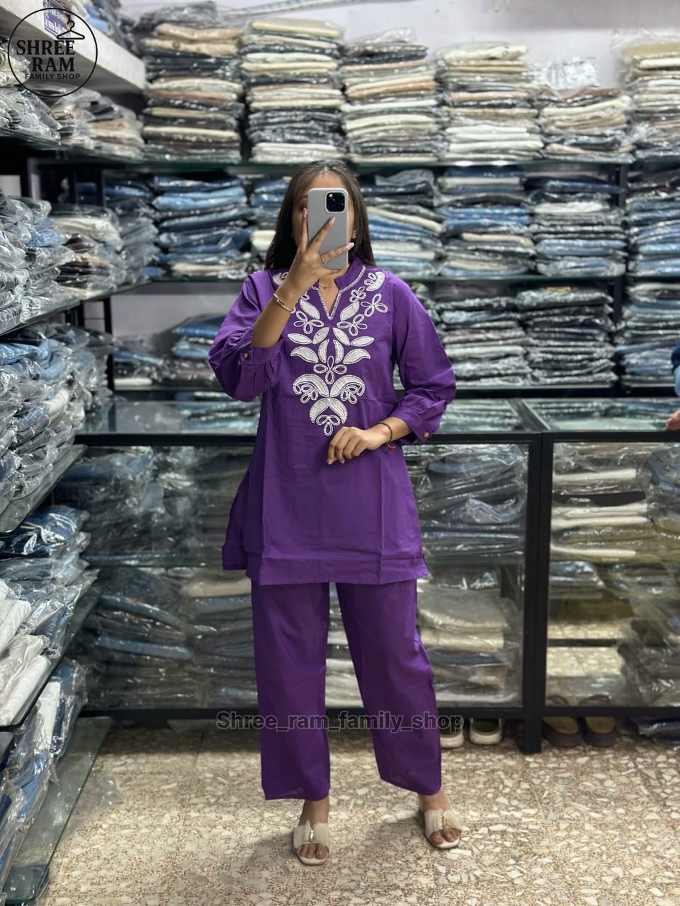 Women's Straight Cotton Purple Co-ord Set with Embroidery