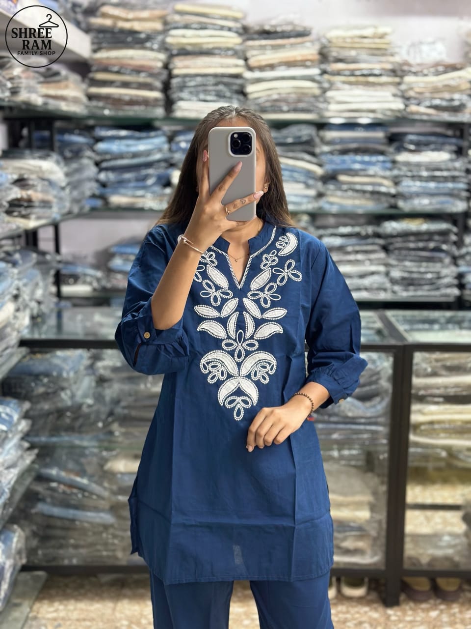 Women's Straight Cotton Blue Co-ord Set with Embroidery