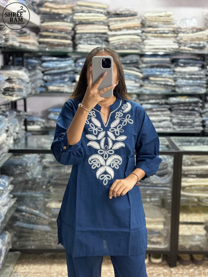 Women's Straight Cotton Blue Co-ord Set with Embroidery