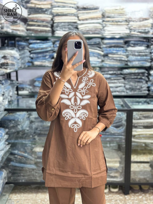 Women's Straight Cotton Brown Co-ord Set with Embroidery