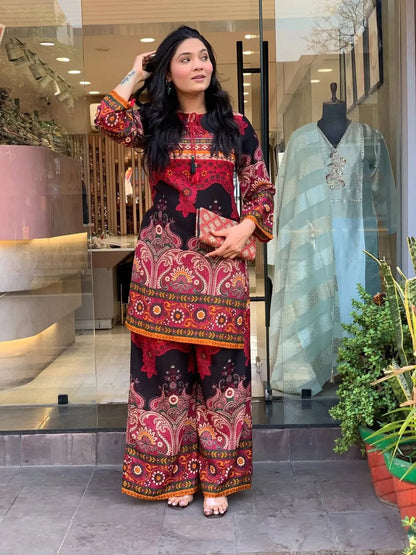 Women's Keyhole Neck Printed Tunic and Palazzo Set