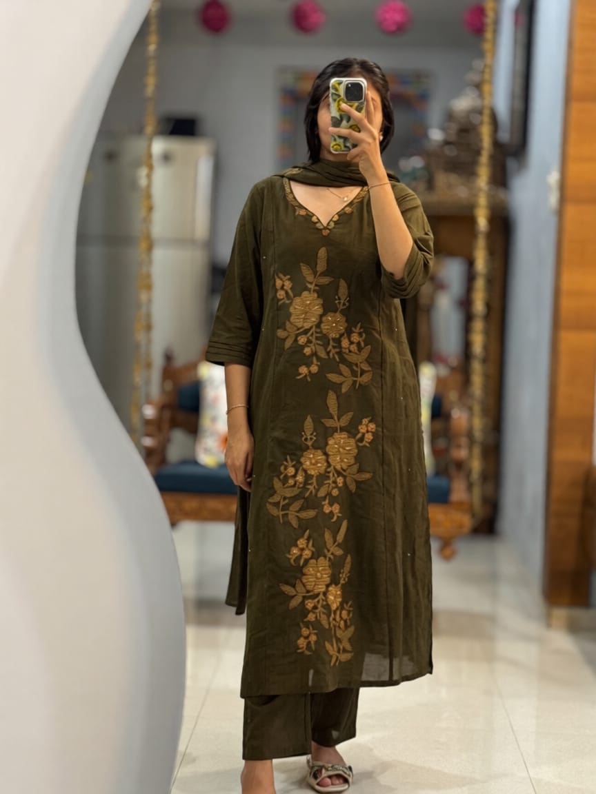 Olive Green Embroidered Cotton Silk Kurta Set