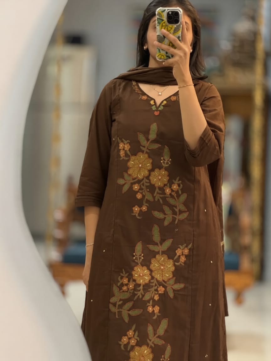 Chocolate Brown Embroidered Cotton Silk Kurta Set