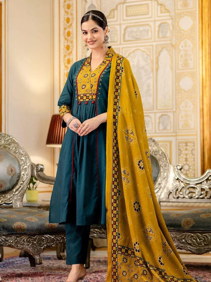 Teal Blue Cotton Kurta Set With Printed Dupatta