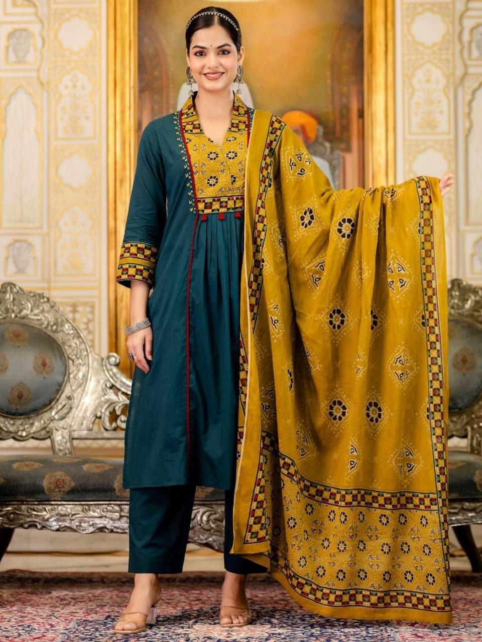 Teal Blue Cotton Kurta Set With Printed Dupatta