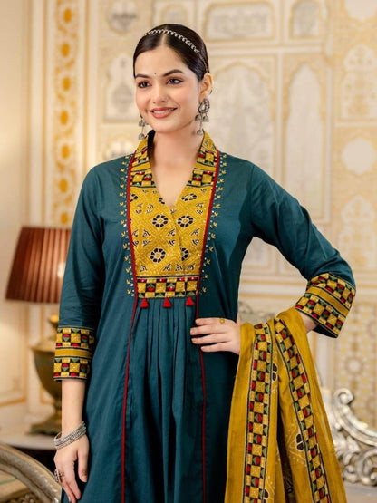Teal Blue Cotton Kurta Set With Printed Dupatta