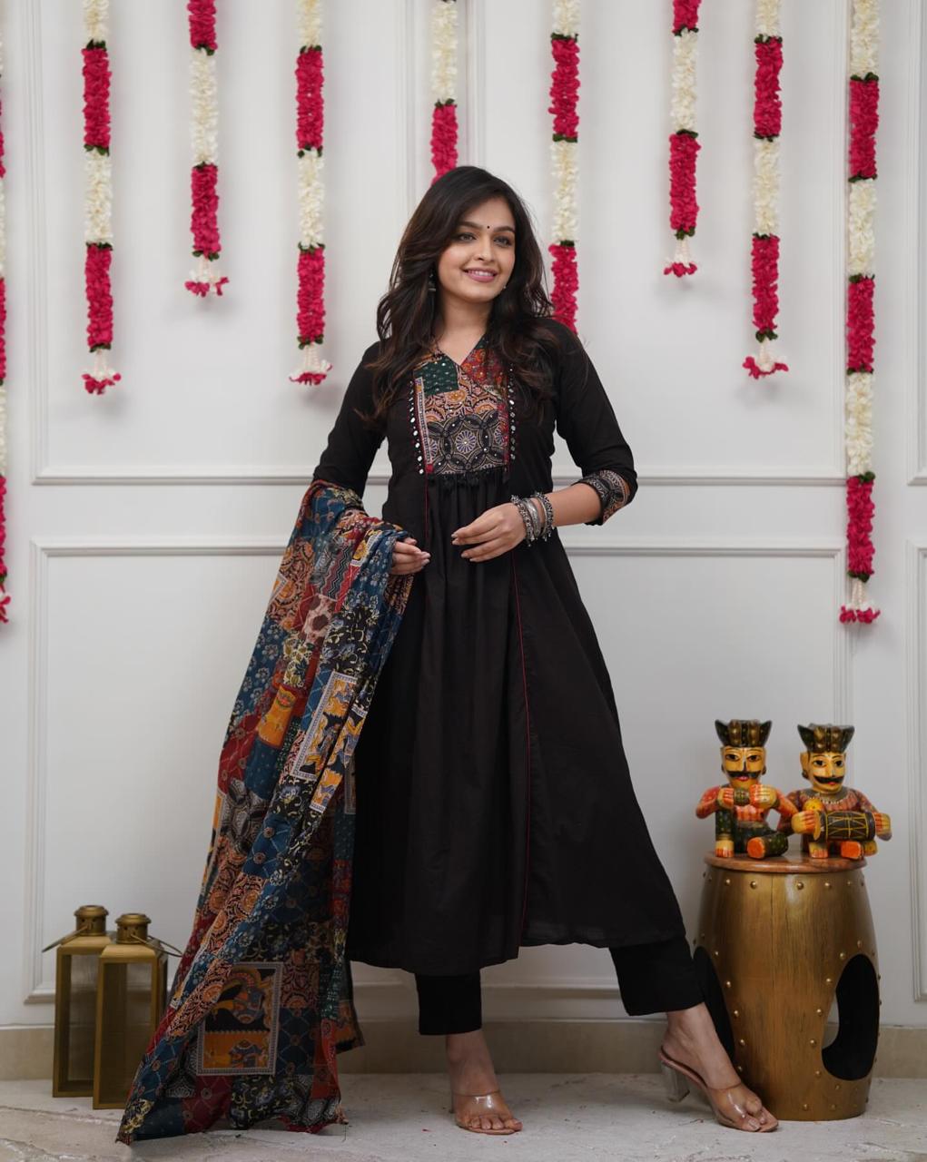 Black A-Line Cotton Patchwork Kurta Set