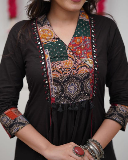 Black A-Line Cotton Patchwork Kurta Set