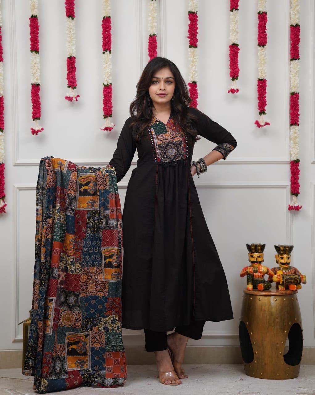 Black A-Line Cotton Patchwork Kurta Set