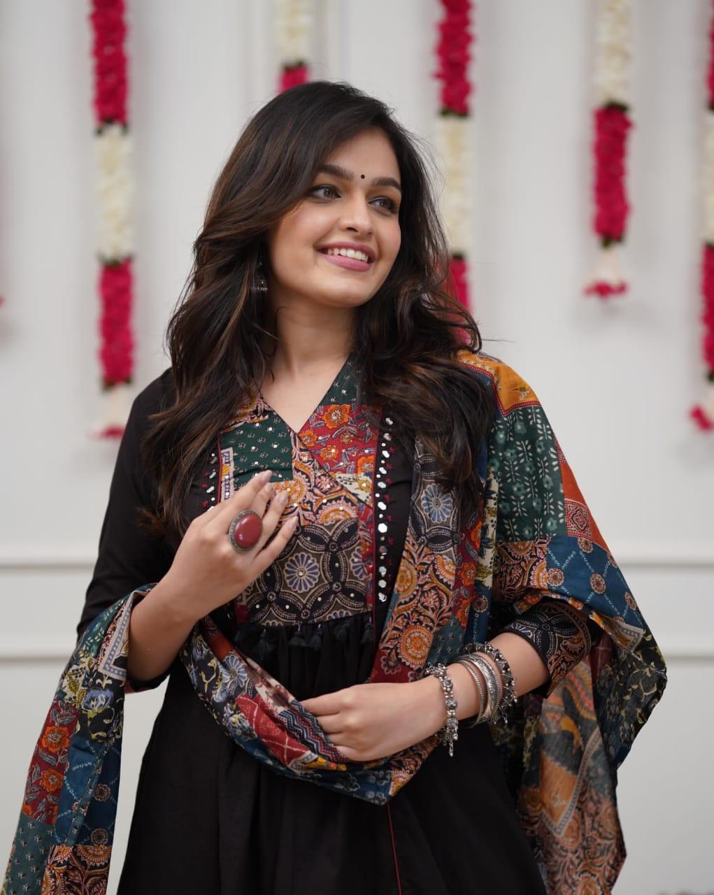 Black A-Line Cotton Patchwork Kurta Set