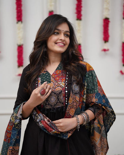 Black A-Line Cotton Patchwork Kurta Set