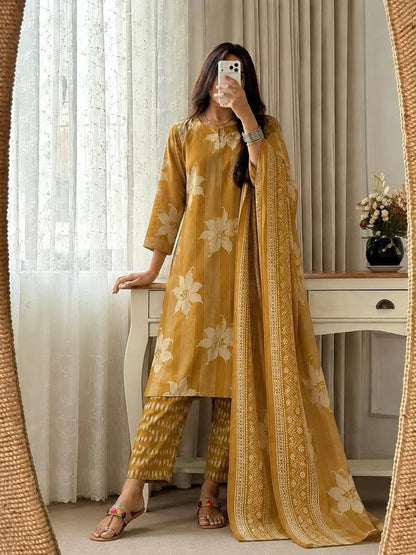 Yellow Floral Striped Cotton Kurta Set