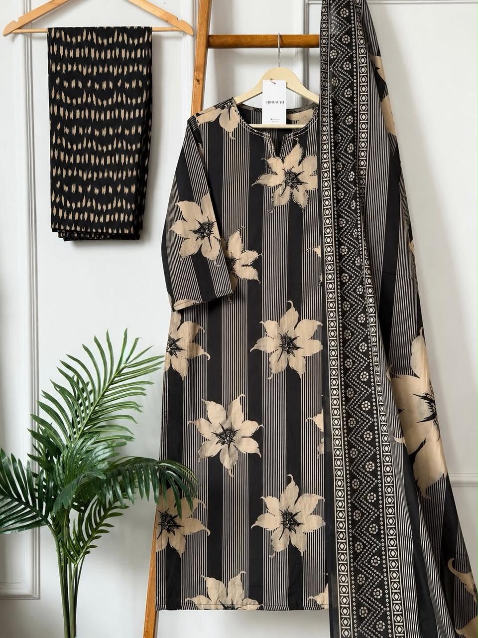 Black Floral Striped Cotton Kurta Set