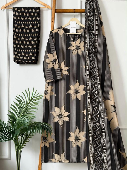 Black Floral Striped Cotton Kurta Set