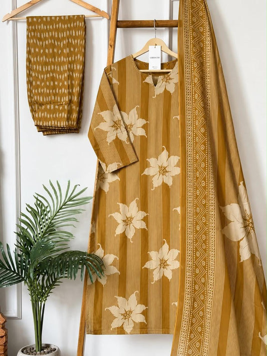 Yellow Floral Striped Cotton Kurta Set