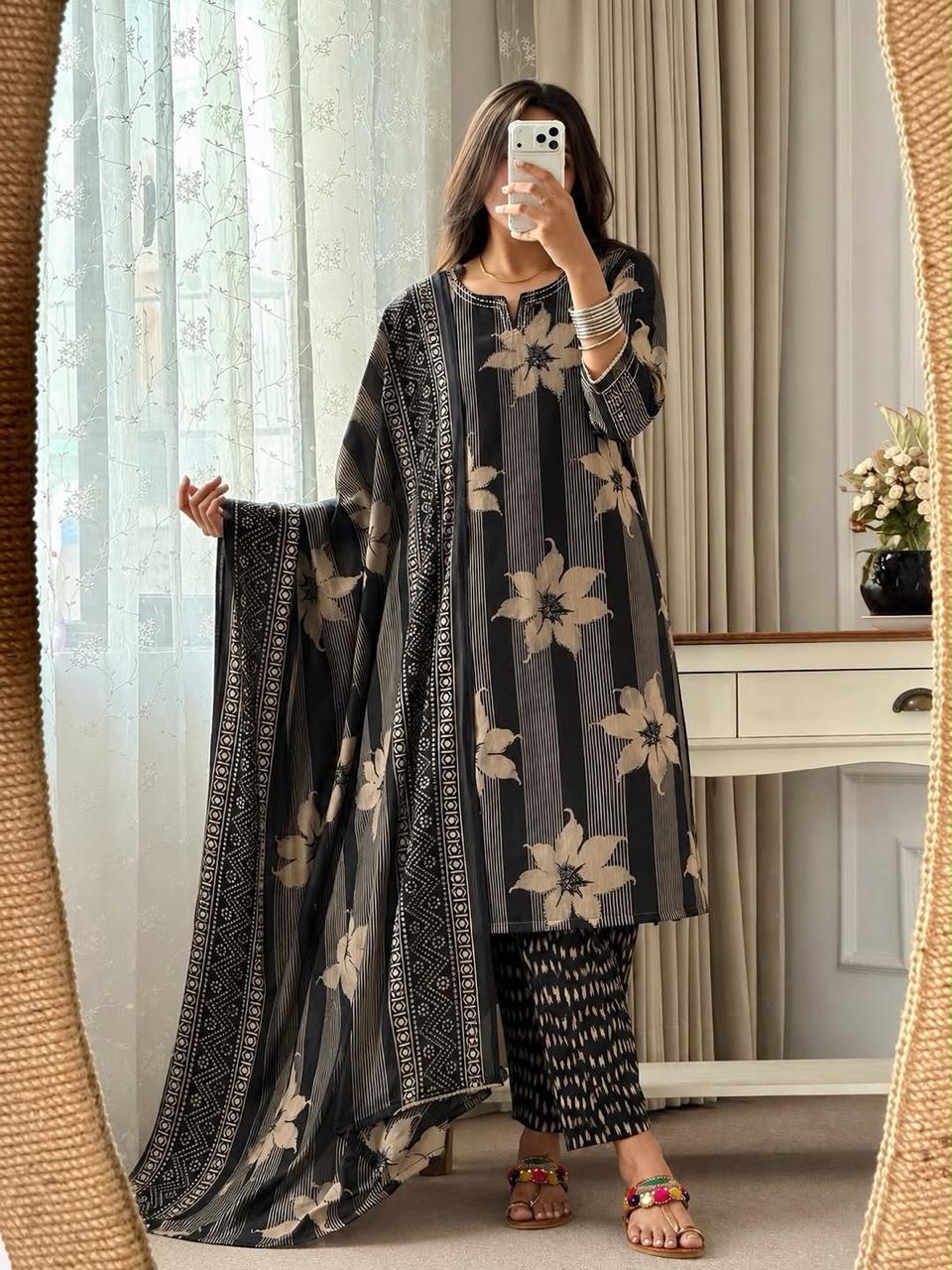 Black Floral Striped Cotton Kurta Set