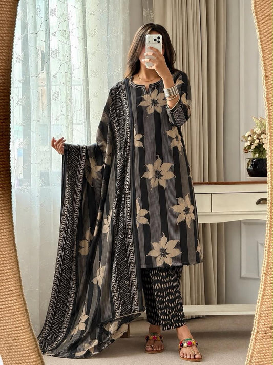 Black Floral Striped Cotton Kurta Set