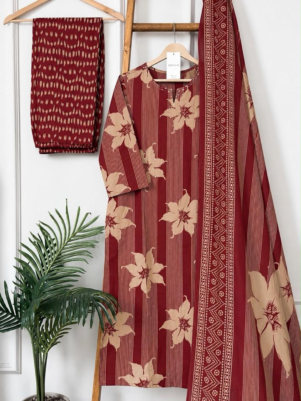Red Floral Striped Cotton Kurta Set