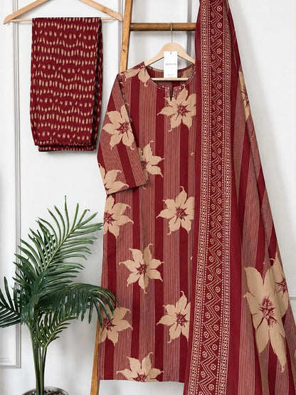 Red Floral Striped Cotton Kurta Set