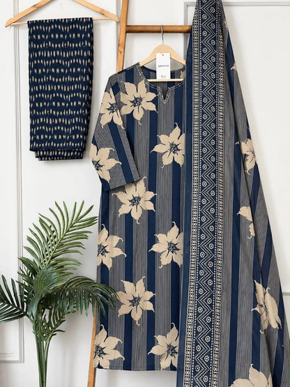 Blue Floral Striped Cotton Kurta Set